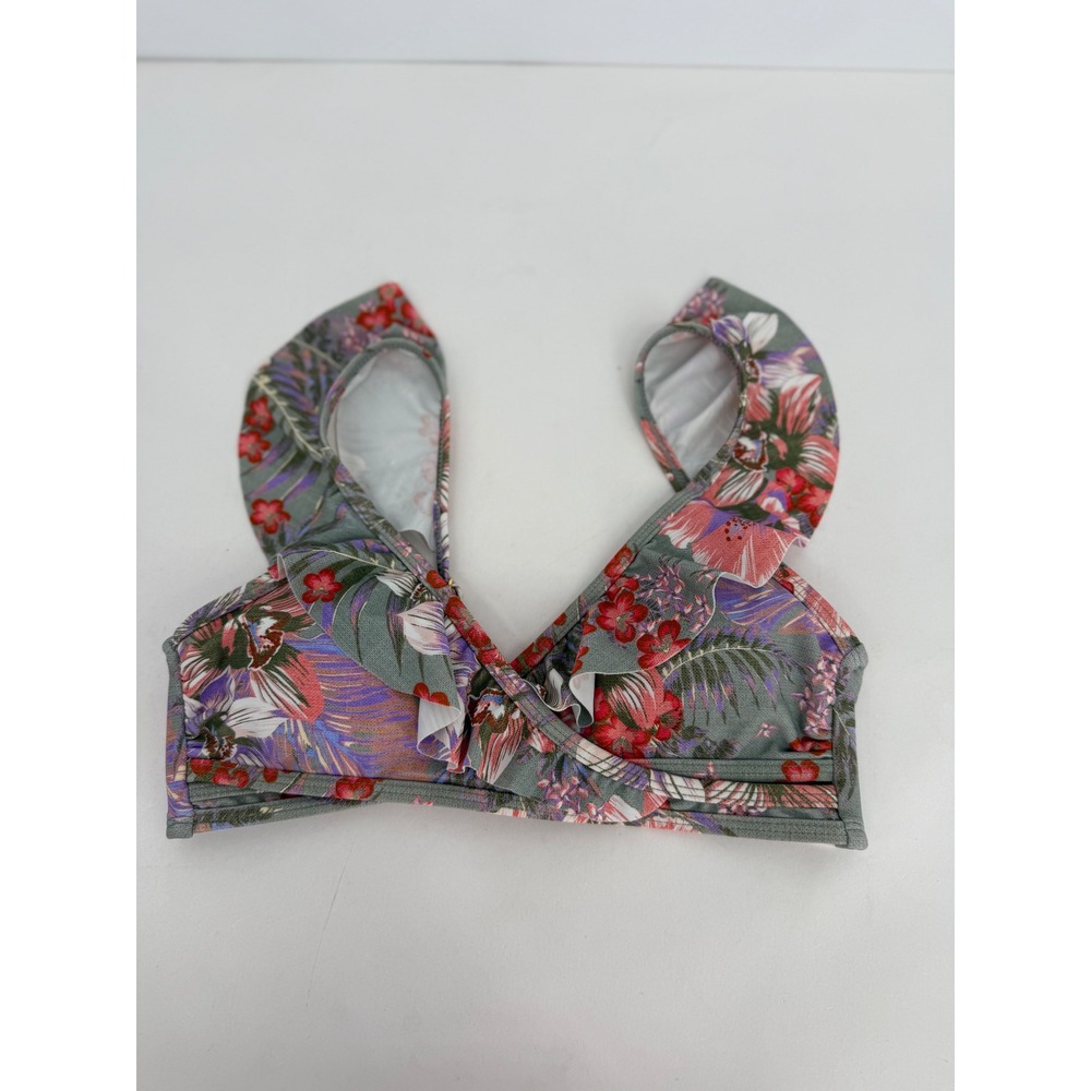 No Boundaries Green River Tropical Floral Ruffle Wrap Bikini‎ Top Sz Small 3-5